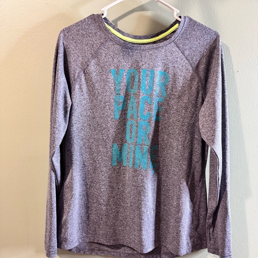 Gray Long Sleeve womens size large Shirt with Blue Text